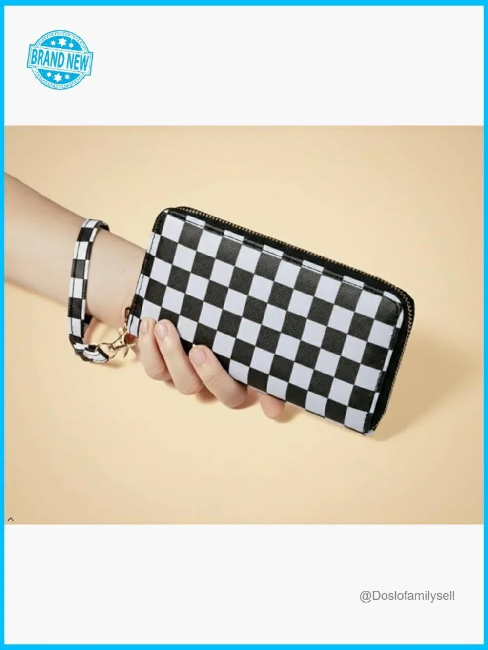 Checkered Animal Print Wristlet Wallet Vegan Leather Zip Around Clutch Purse